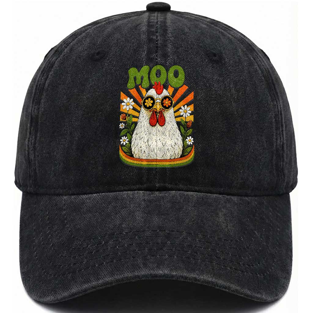 Retro Moo Chicken Wearing Sunglasses Graphic Washed Cotton Baseball Cap Funny Groovy Farm Animal Pun Vintage Sunburst
