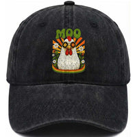Retro Moo Chicken Wearing Sunglasses Graphic Washed Cotton Baseball Cap Funny Groovy Farm Animal Pun Vintage Sunburst
