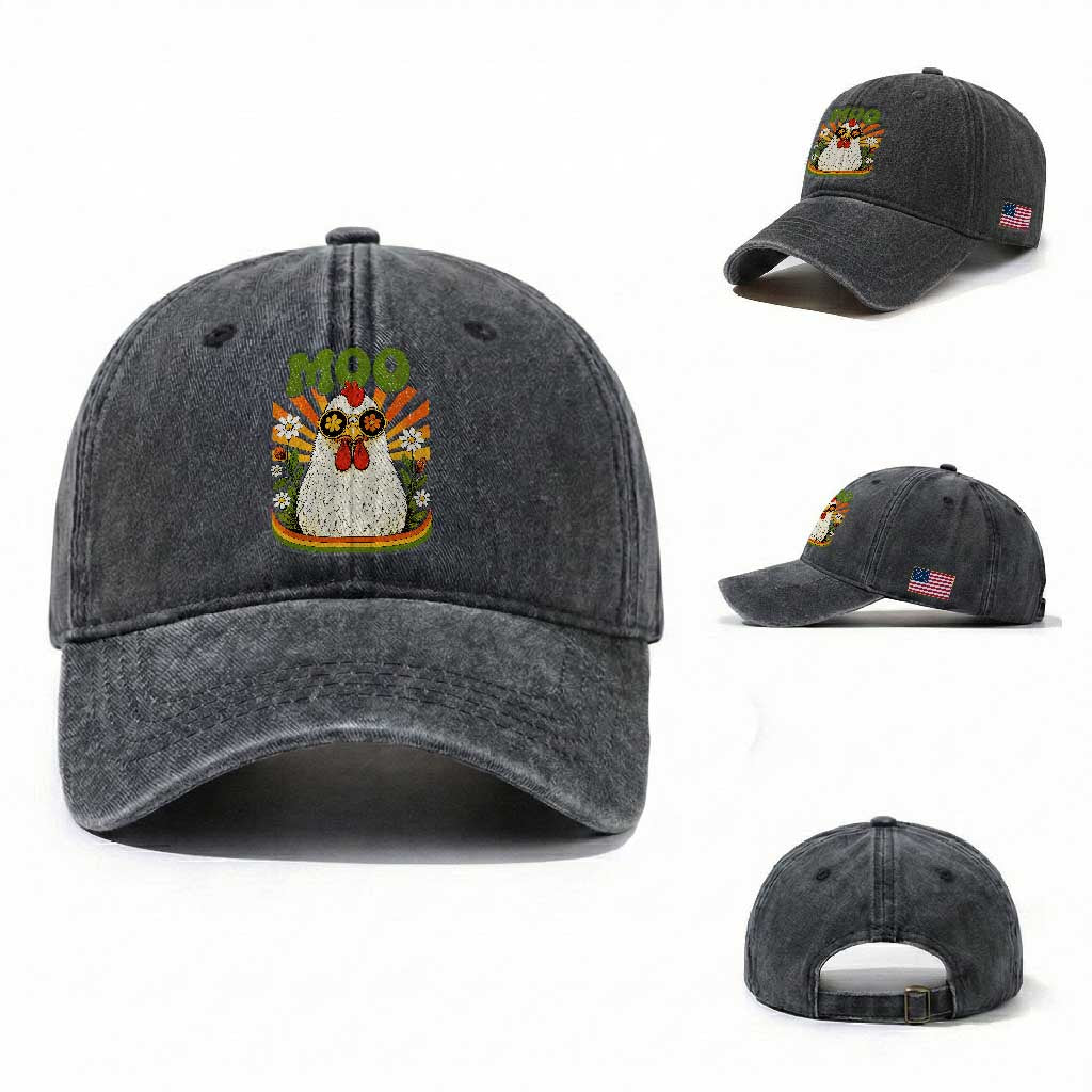 Retro Moo Chicken Wearing Sunglasses Graphic Washed Cotton Baseball Cap Funny Groovy Farm Animal Pun Vintage Sunburst