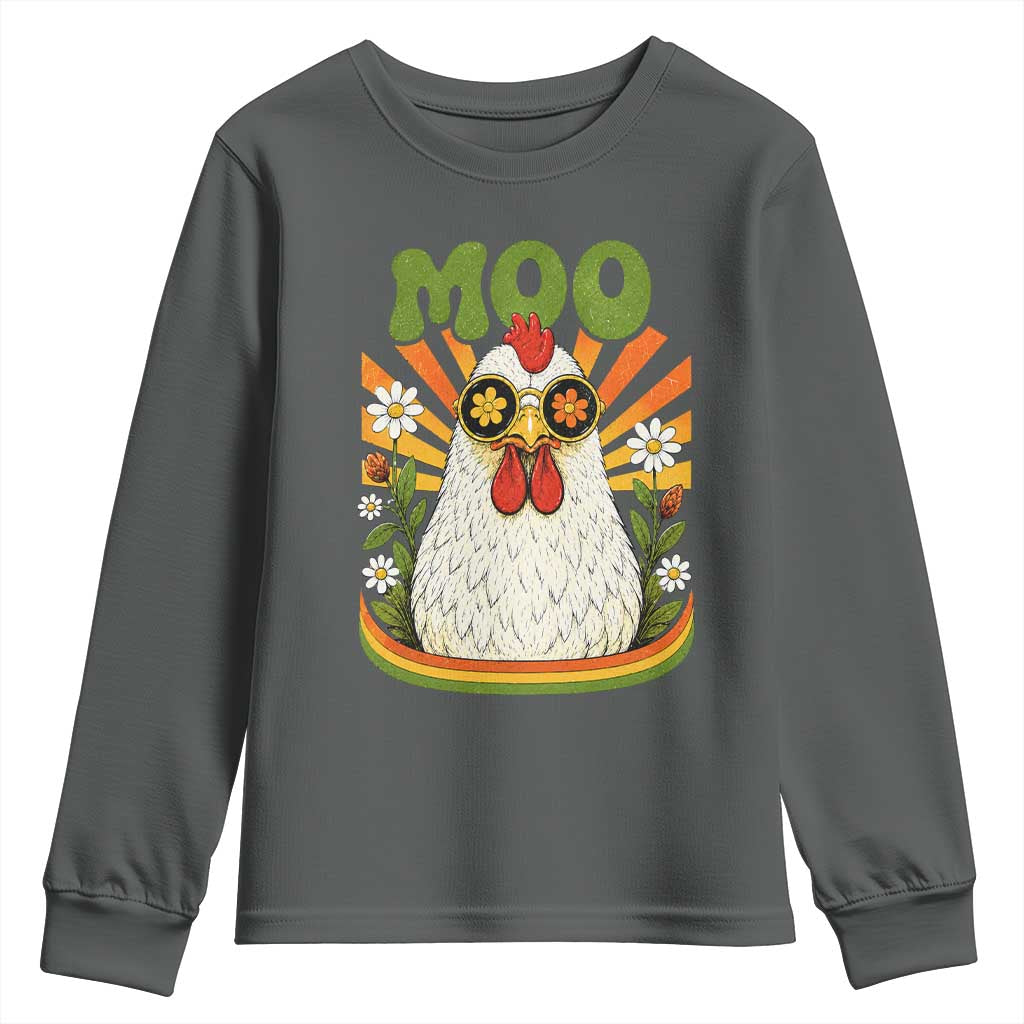 Retro Moo Chicken Wearing Sunglasses Graphic Youth Sweatshirt Funny Groovy Farm Animal Pun Vintage Sunburst