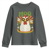 Retro Moo Chicken Wearing Sunglasses Graphic Youth Sweatshirt Funny Groovy Farm Animal Pun Vintage Sunburst