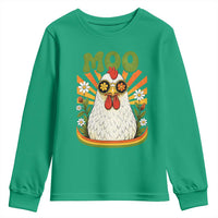 Retro Moo Chicken Wearing Sunglasses Graphic Youth Sweatshirt Funny Groovy Farm Animal Pun Vintage Sunburst