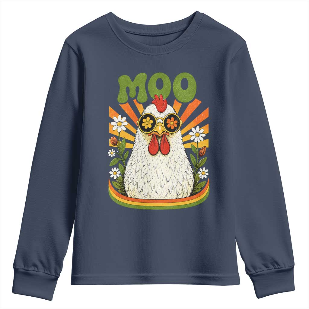 Retro Moo Chicken Wearing Sunglasses Graphic Youth Sweatshirt Funny Groovy Farm Animal Pun Vintage Sunburst