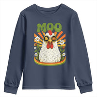 Retro Moo Chicken Wearing Sunglasses Graphic Youth Sweatshirt Funny Groovy Farm Animal Pun Vintage Sunburst