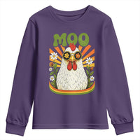 Retro Moo Chicken Wearing Sunglasses Graphic Youth Sweatshirt Funny Groovy Farm Animal Pun Vintage Sunburst
