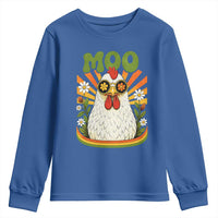 Retro Moo Chicken Wearing Sunglasses Graphic Youth Sweatshirt Funny Groovy Farm Animal Pun Vintage Sunburst