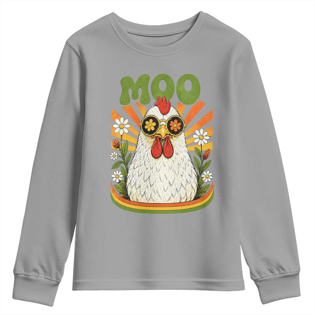 Retro Moo Chicken Wearing Sunglasses Graphic Youth Sweatshirt Funny Groovy Farm Animal Pun Vintage Sunburst