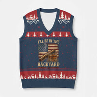 Vintage American Flag Whiskey and Cigar Graphic V-Neck Knit Sweater Vest I Will Be In The Backyard Patriotic Bourbon Lover Fathers Day Gift for Men