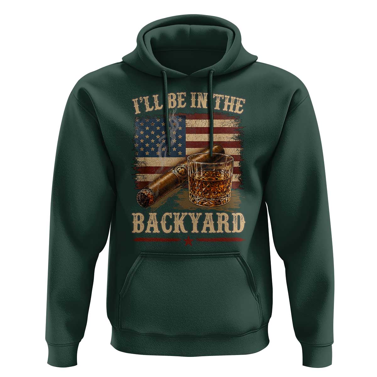 Vintage American Flag Whiskey and Cigar Graphic Hoodie I Will Be In The Backyard Patriotic Bourbon Lover Fathers Day Gift for Men