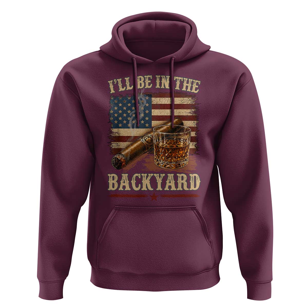 Vintage American Flag Whiskey and Cigar Graphic Hoodie I Will Be In The Backyard Patriotic Bourbon Lover Fathers Day Gift for Men