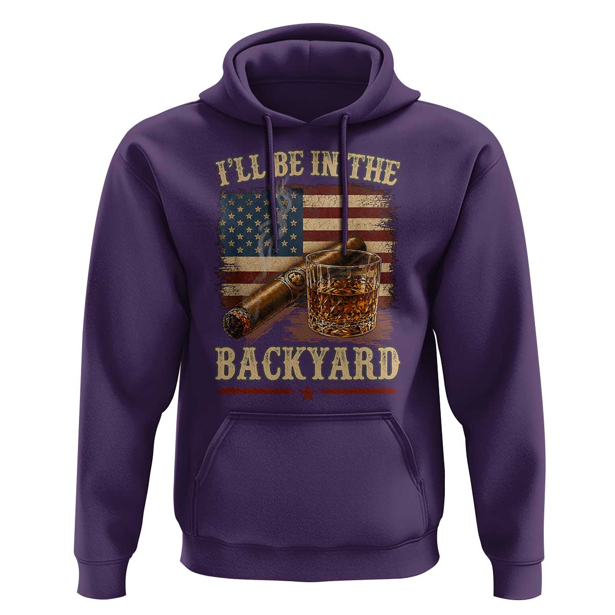 Vintage American Flag Whiskey and Cigar Graphic Hoodie I Will Be In The Backyard Patriotic Bourbon Lover Fathers Day Gift for Men