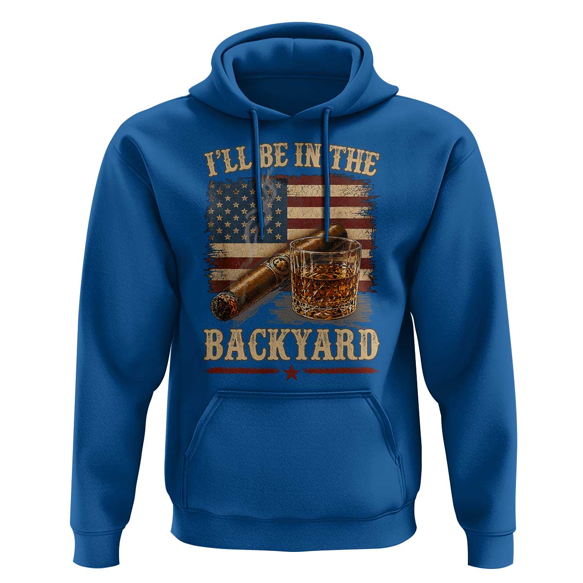 Vintage American Flag Whiskey and Cigar Graphic Hoodie I Will Be In The Backyard Patriotic Bourbon Lover Fathers Day Gift for Men