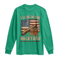 Vintage American Flag Whiskey and Cigar Graphic Long Sleeve Shirt I Will Be In The Backyard Patriotic Bourbon Lover Fathers Day Gift for Men