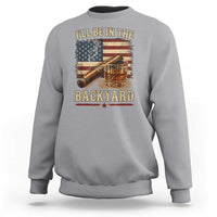 Vintage American Flag Whiskey and Cigar Graphic Sweatshirt I Will Be In The Backyard Patriotic Bourbon Lover Fathers Day Gift for Men