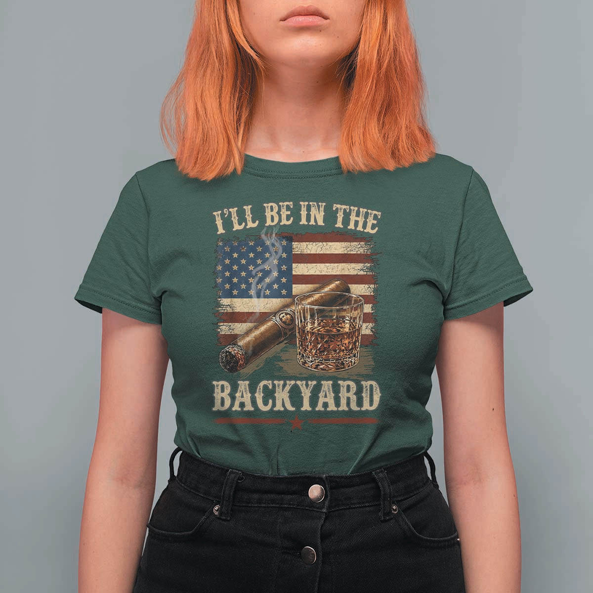 Vintage American Flag Whiskey and Cigar Graphic T Shirt For Women I Will Be In The Backyard Patriotic Bourbon Lover Fathers Day Gift for Men