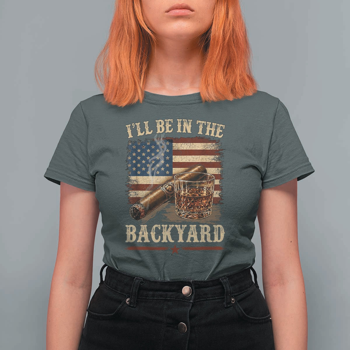 Vintage American Flag Whiskey and Cigar Graphic T Shirt For Women I Will Be In The Backyard Patriotic Bourbon Lover Fathers Day Gift for Men