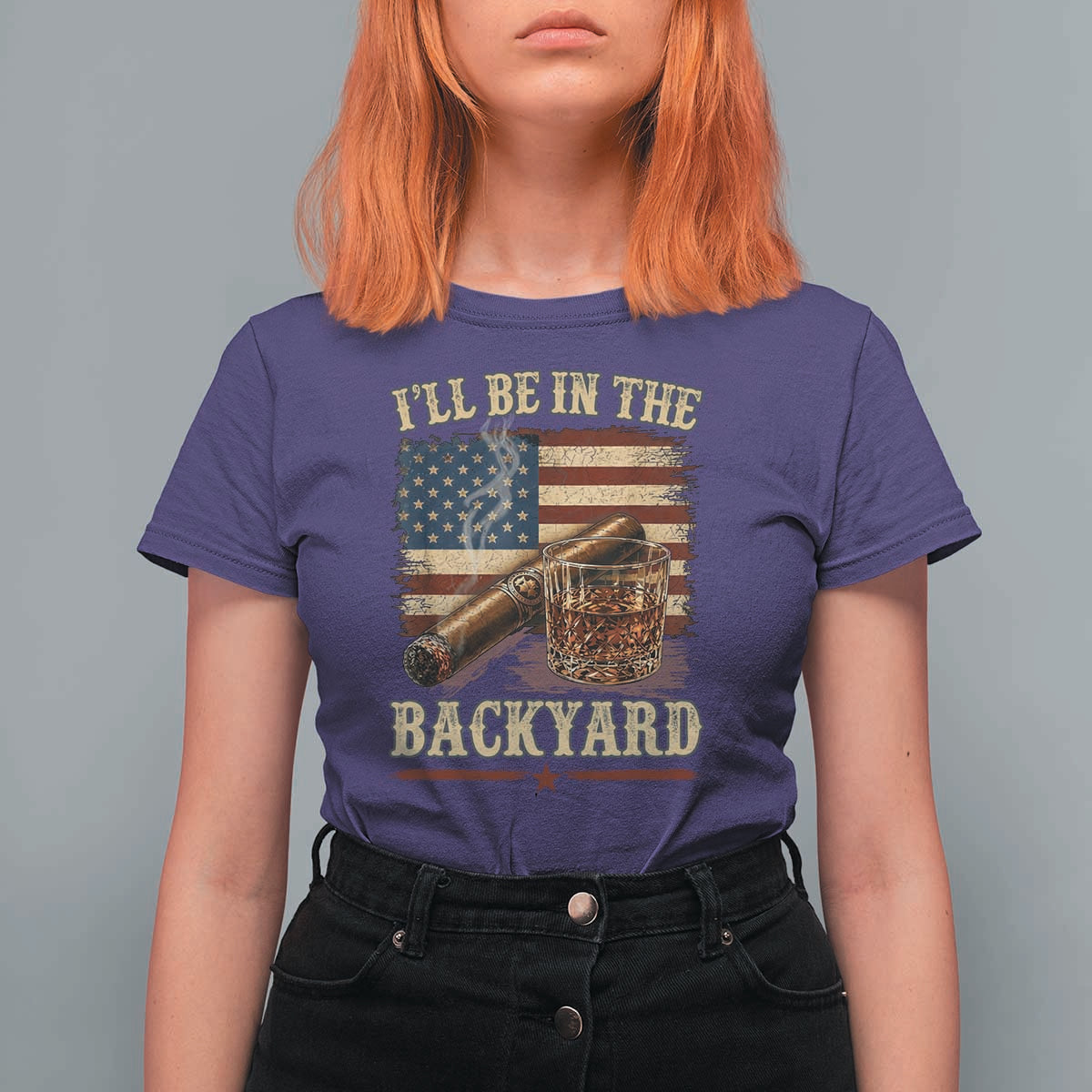 Vintage American Flag Whiskey and Cigar Graphic T Shirt For Women I Will Be In The Backyard Patriotic Bourbon Lover Fathers Day Gift for Men