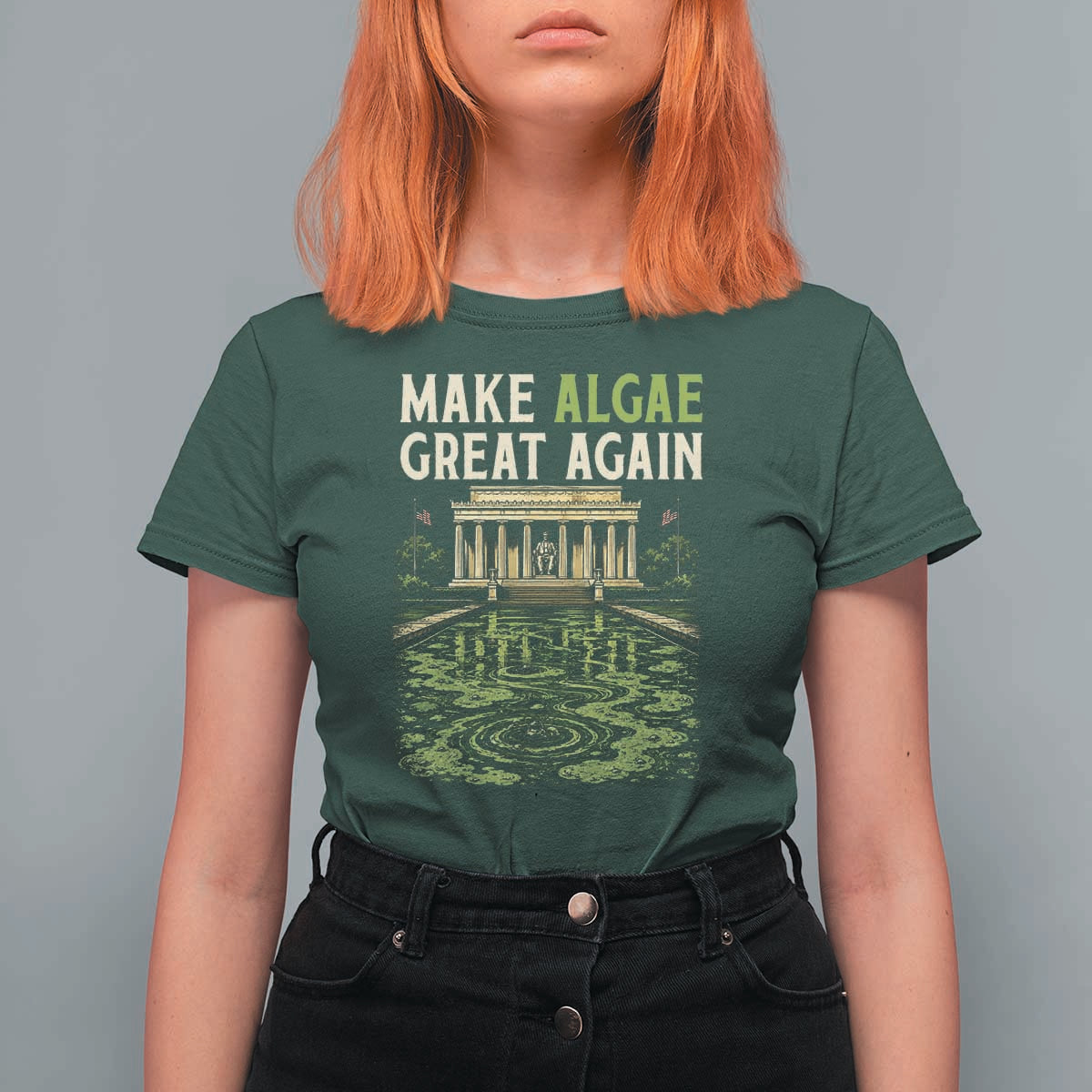 Make Algae Great Again Lincoln Memorial Reflecting Pool Graphic T Shirt For Women Funny Washington DC Viral Swamp Meme