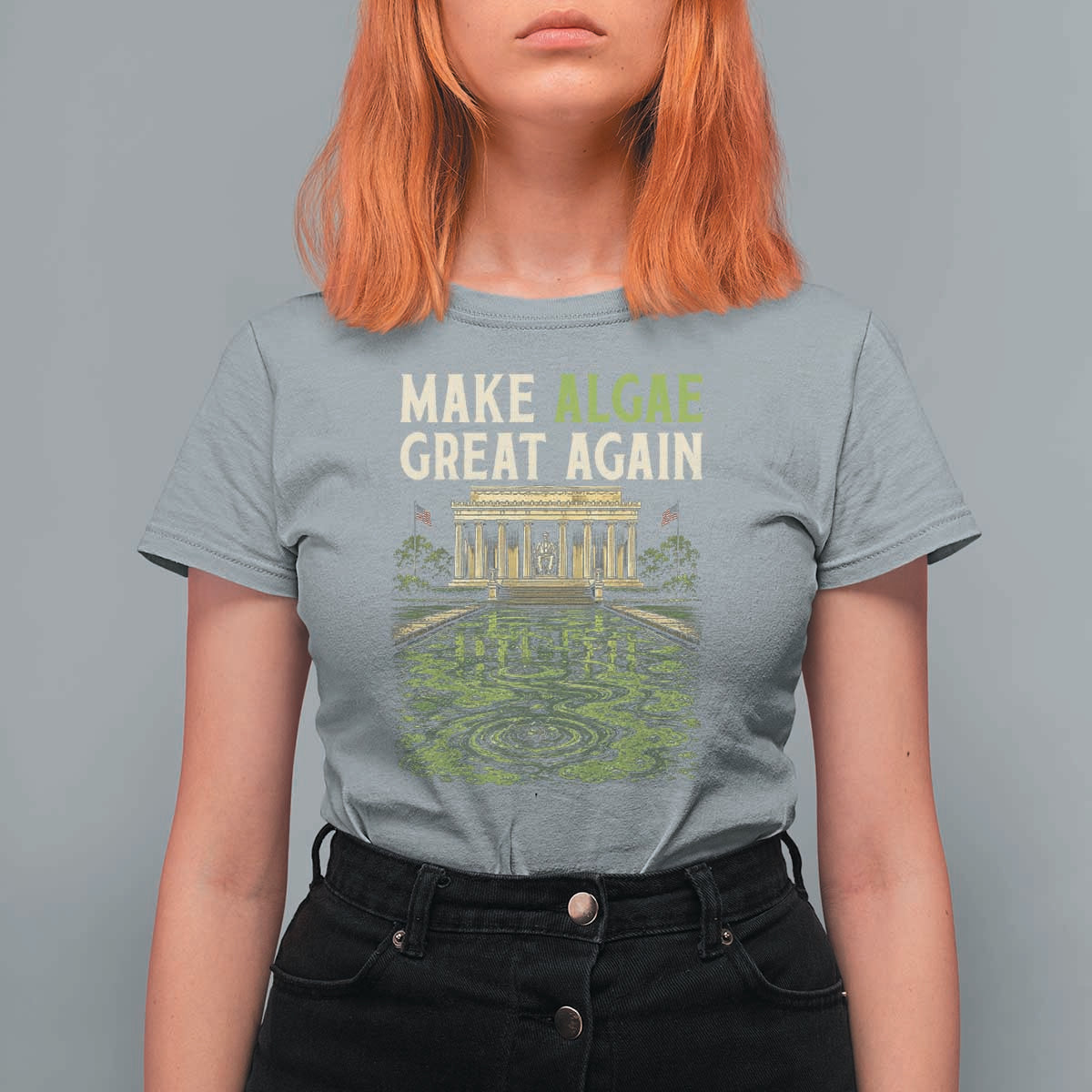 Make Algae Great Again Lincoln Memorial Reflecting Pool Graphic T Shirt For Women Funny Washington DC Viral Swamp Meme