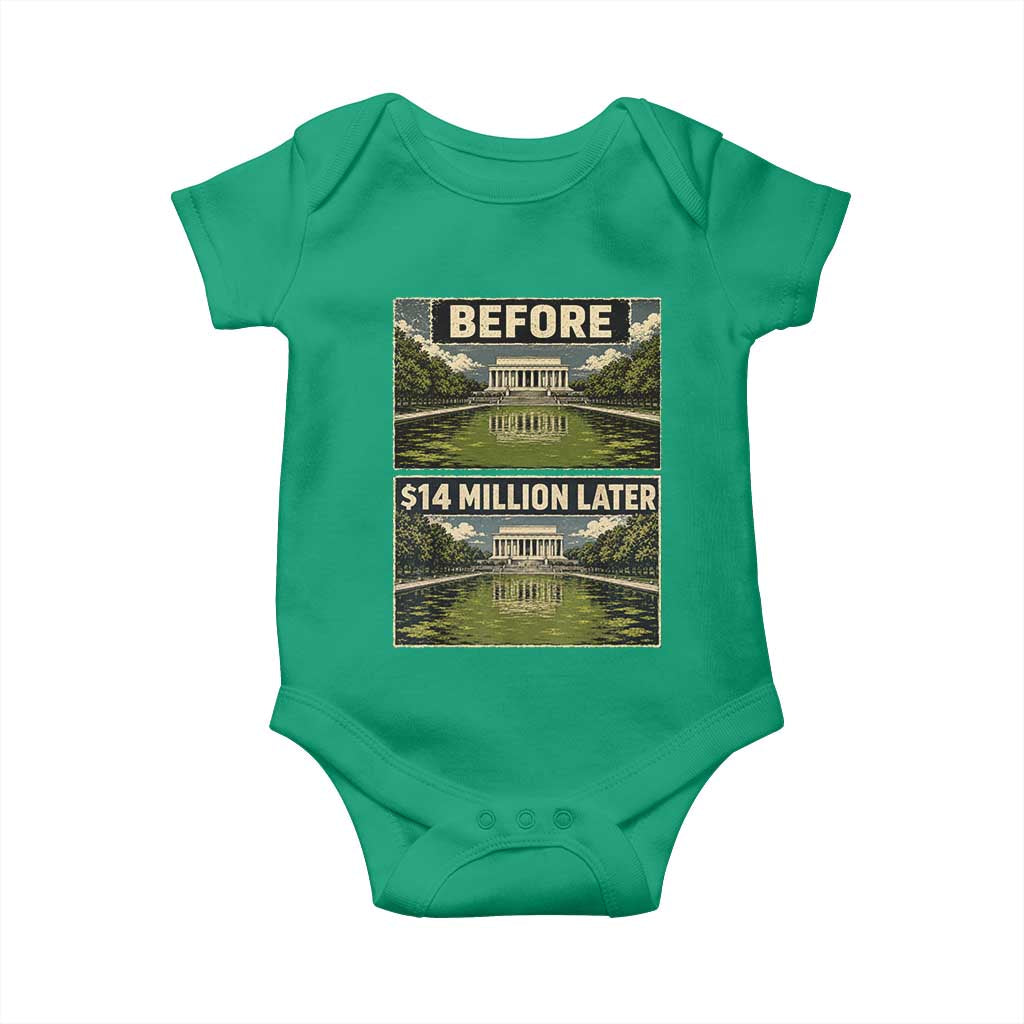 Before and 14 Million Dollars Later Lincoln Memorial Reflecting Pool Meme Baby Onesie Funny Government Spending Satire