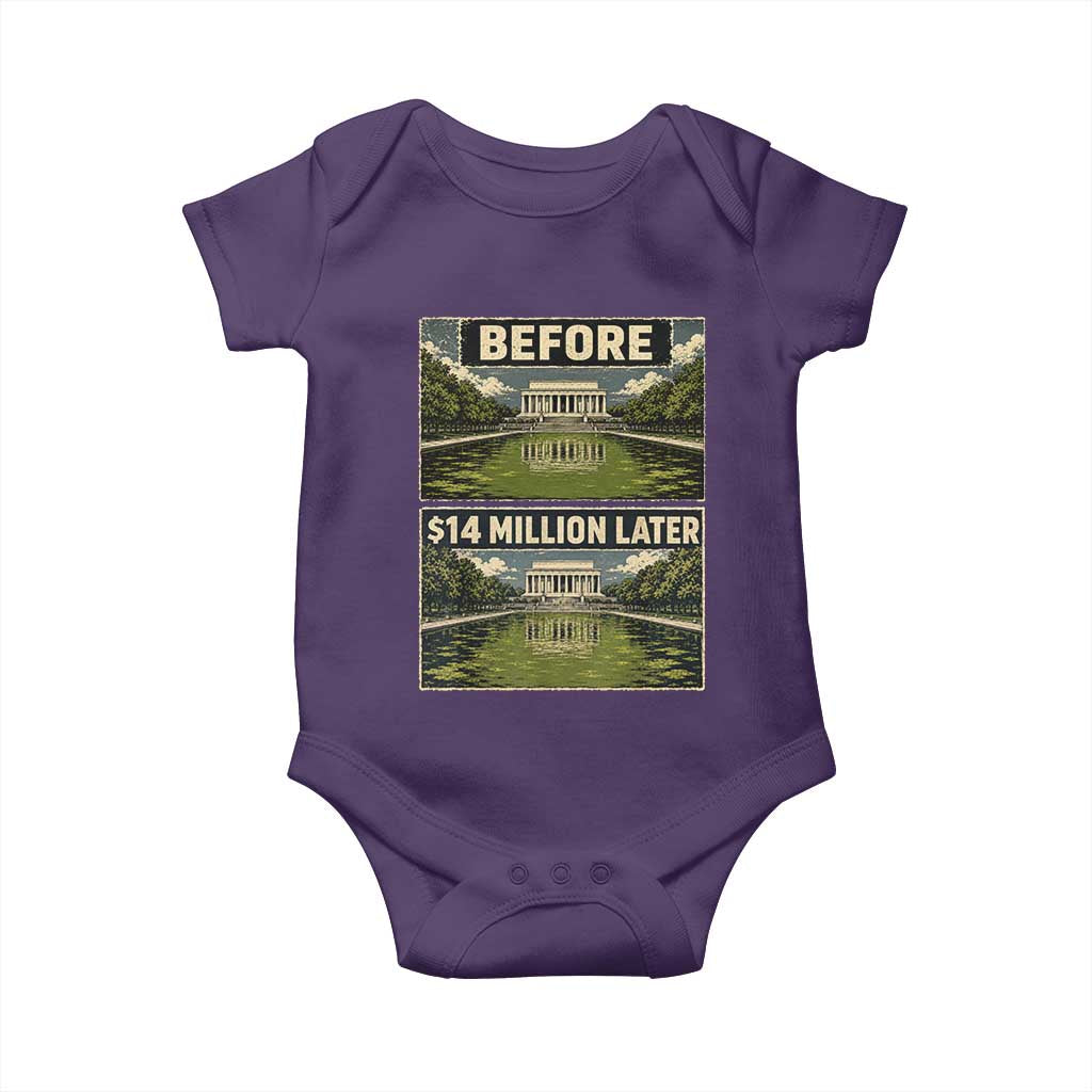 Before and 14 Million Dollars Later Lincoln Memorial Reflecting Pool Meme Baby Onesie Funny Government Spending Satire