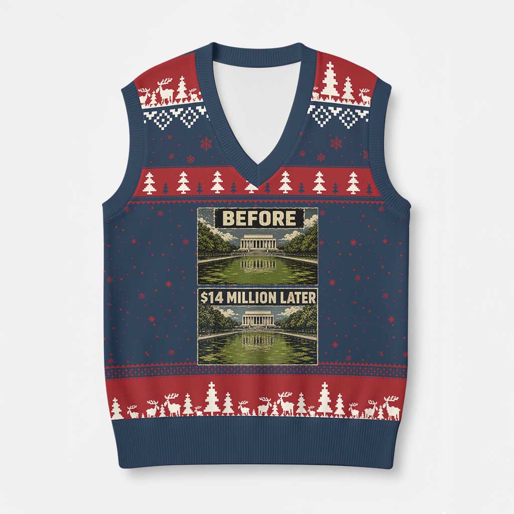 Before and 14 Million Dollars Later Lincoln Memorial Reflecting Pool Meme V-Neck Knit Sweater Vest Funny Government Spending Satire