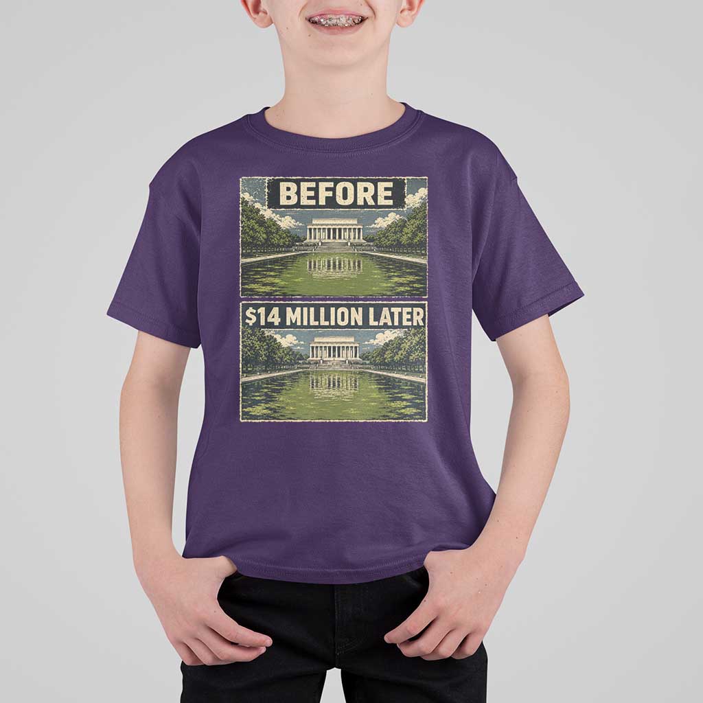 Before and 14 Million Dollars Later Lincoln Memorial Reflecting Pool Meme T Shirt For Kid Funny Government Spending Satire