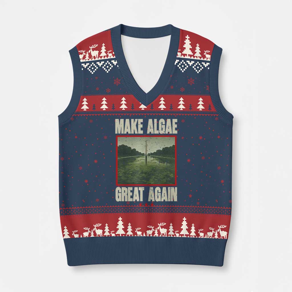 Make Algae Great Again Funny DC Slamp Slime Parody V-Neck Knit Sweater Vest Washington Monument Reflecting Pool Vintage Photo