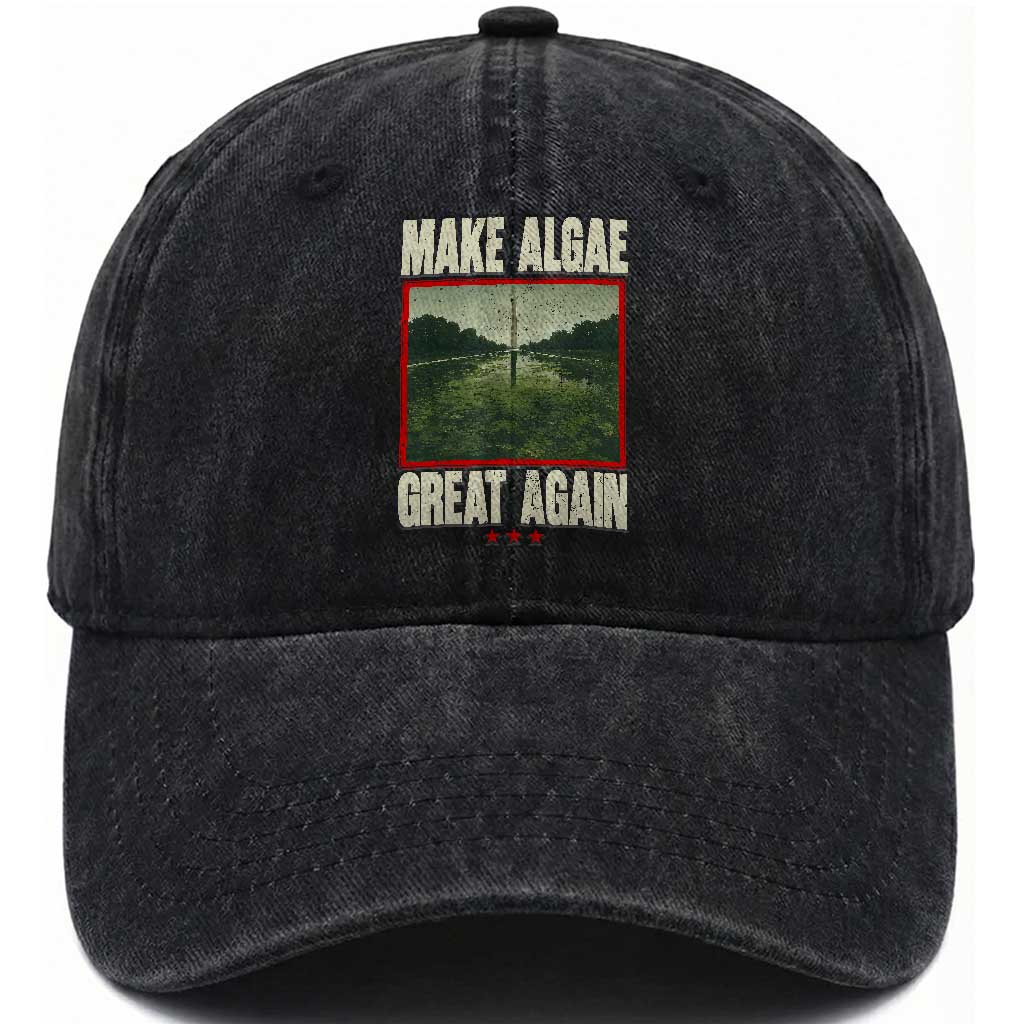 Make Algae Great Again Funny DC Slamp Slime Parody Washed Cotton Baseball Cap Washington Monument Reflecting Pool Vintage Photo