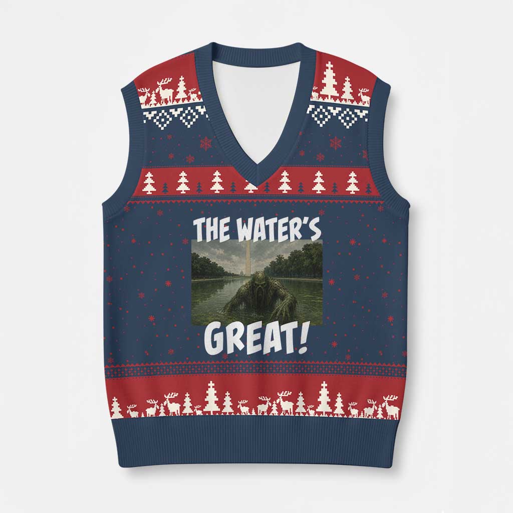 The Water is Great Swamp Monster Reflecting Pool V-Neck Knit Sweater Vest Funny Washington DC Algae Creature Meme