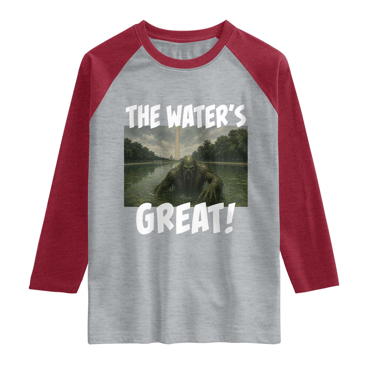 The Water is Great Swamp Monster Reflecting Pool Raglan Shirt Funny Washington DC Algae Creature Meme