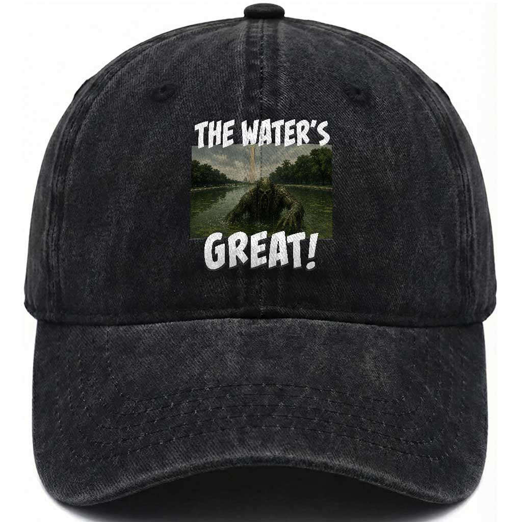 The Water is Great Swamp Monster Reflecting Pool Washed Cotton Baseball Cap Funny Washington DC Algae Creature Meme