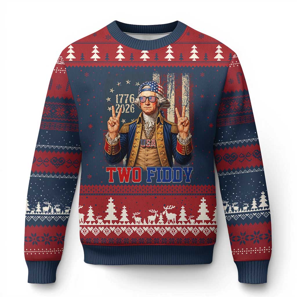 Two Fiddy George Washington Peace Signs Ugly Christmas Sweater Funny Semiquincentennial Hip Hop Style President