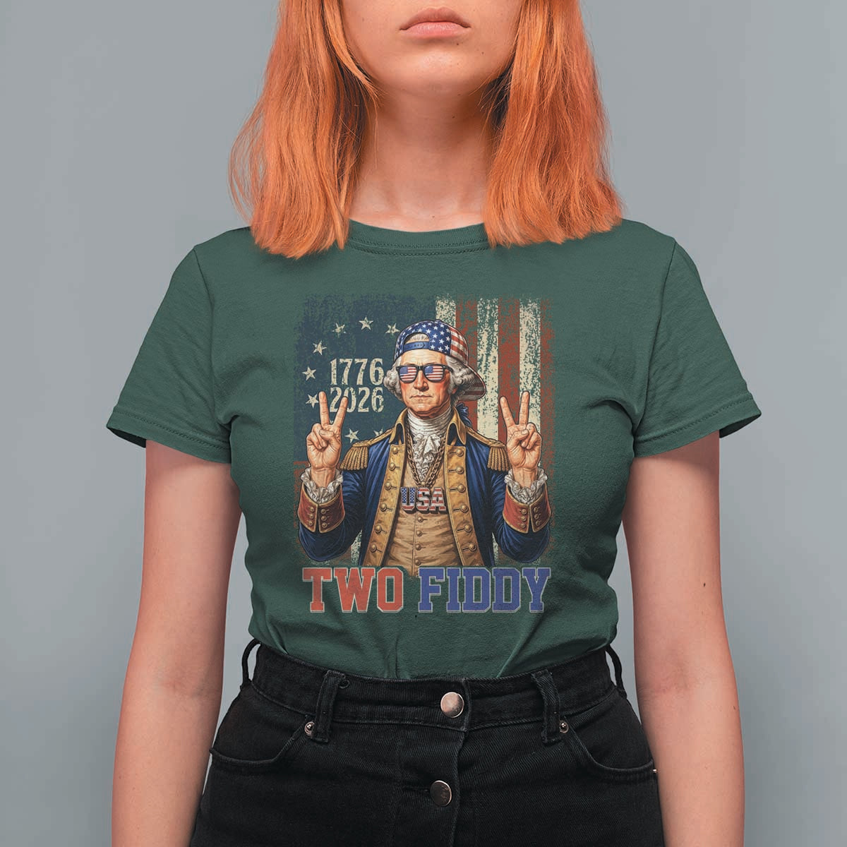 Two Fiddy George Washington Peace Signs T Shirt For Women Funny Semiquincentennial Hip Hop Style President