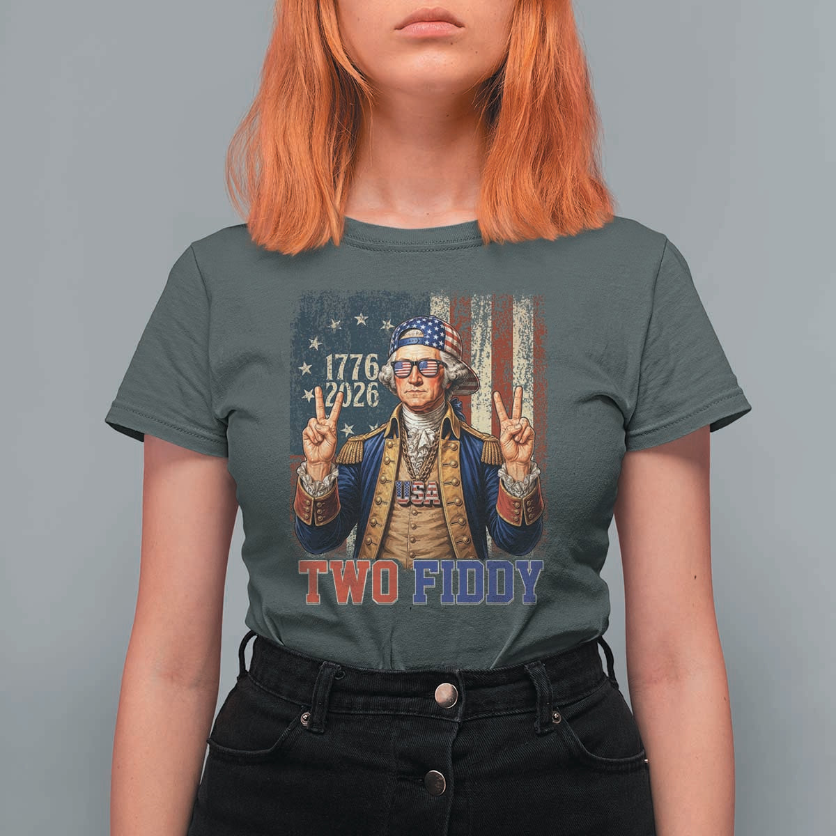 Two Fiddy George Washington Peace Signs T Shirt For Women Funny Semiquincentennial Hip Hop Style President