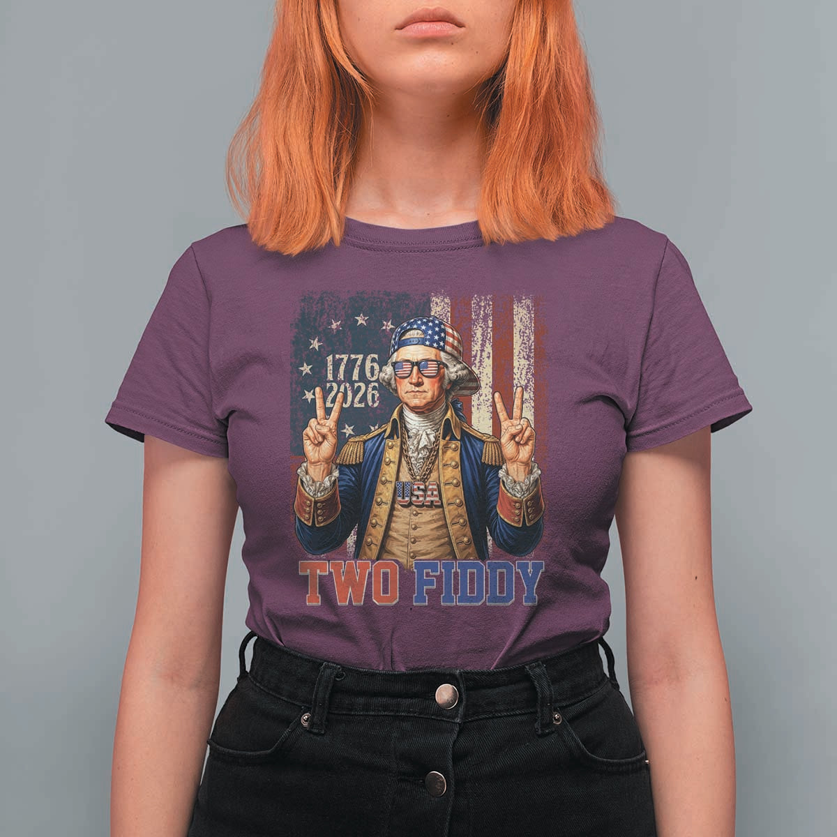 Two Fiddy George Washington Peace Signs T Shirt For Women Funny Semiquincentennial Hip Hop Style President