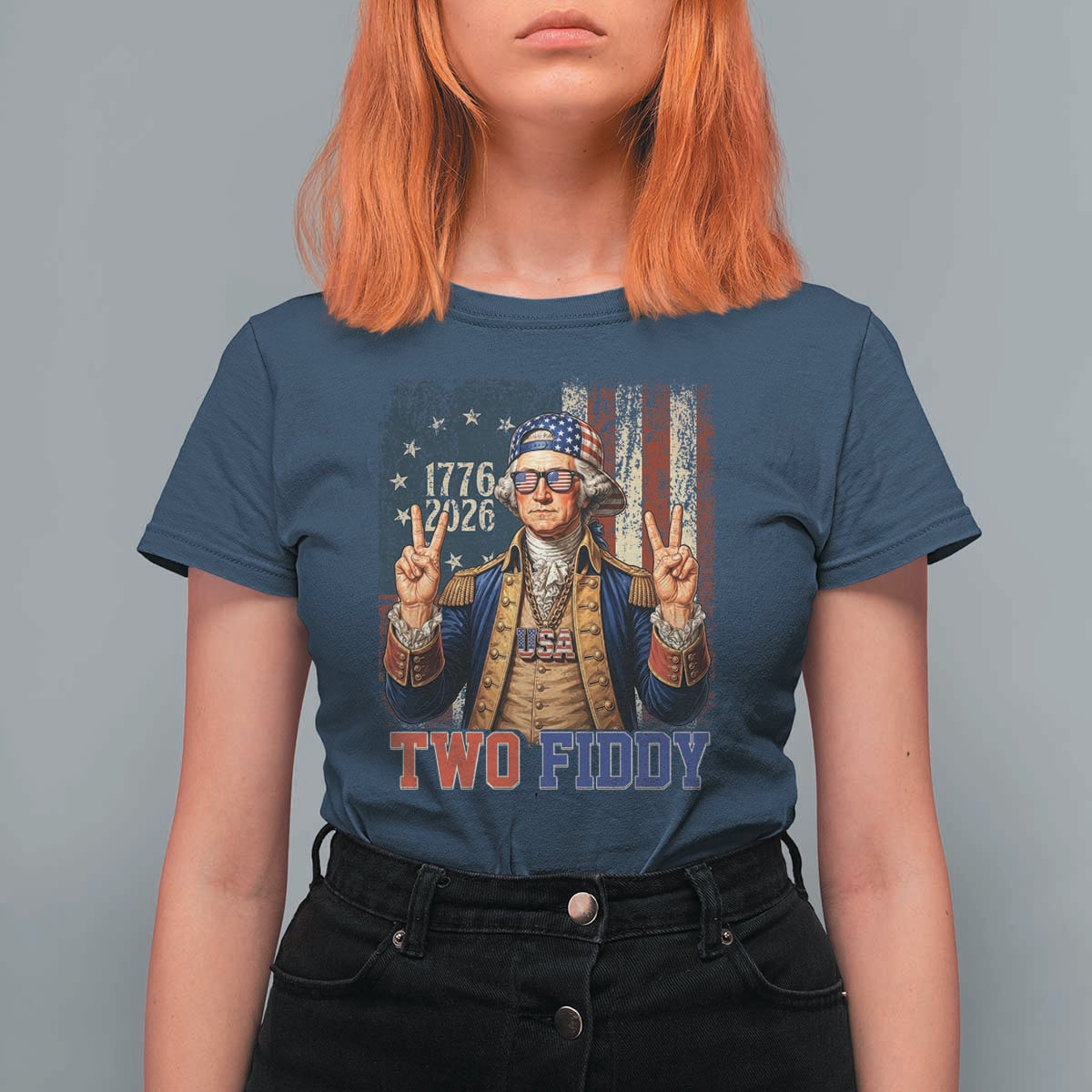 Two Fiddy George Washington Peace Signs T Shirt For Women Funny Semiquincentennial Hip Hop Style President