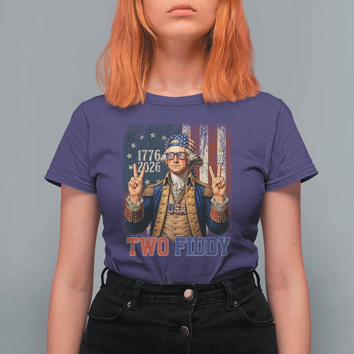 Two Fiddy George Washington Peace Signs T Shirt For Women Funny Semiquincentennial Hip Hop Style President