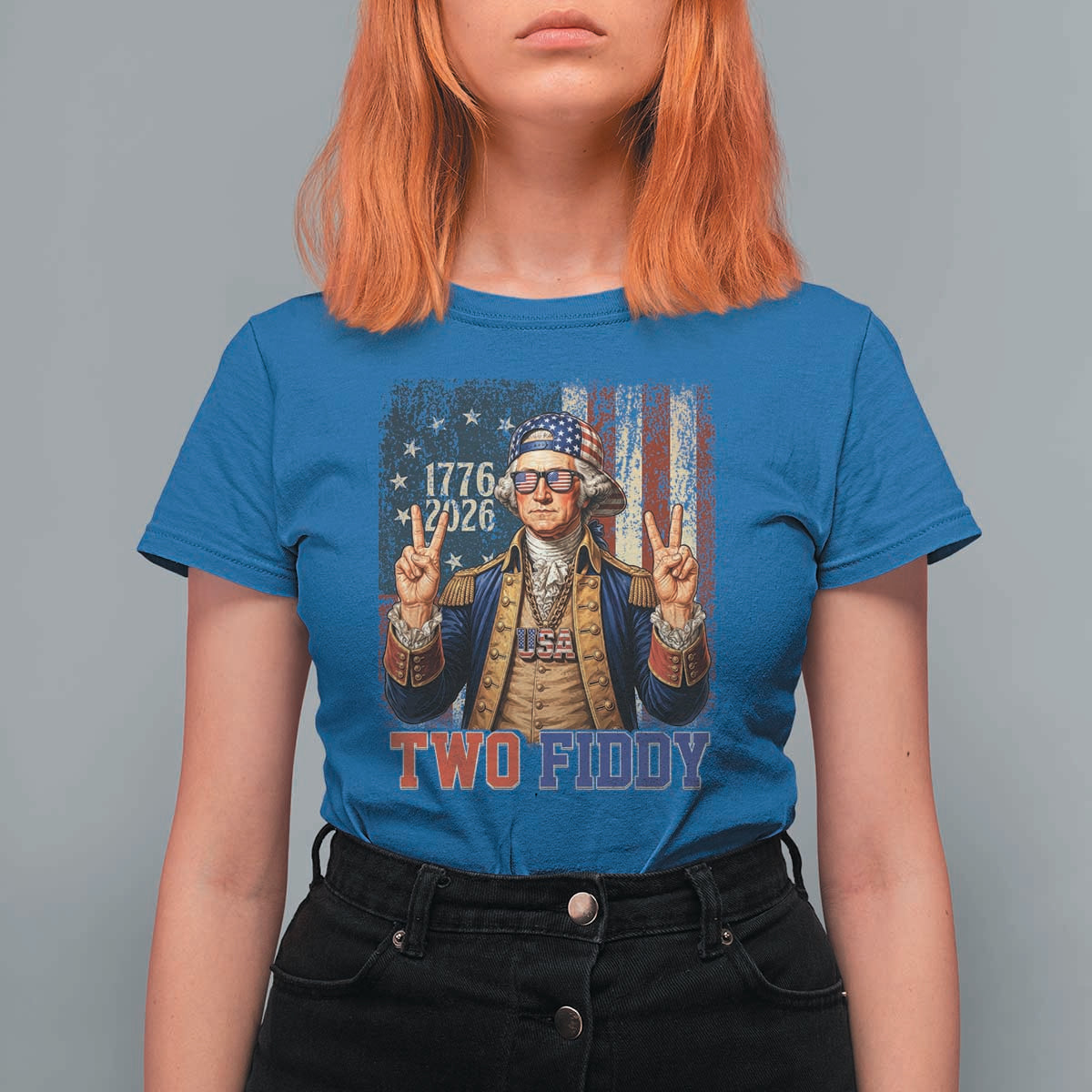 Two Fiddy George Washington Peace Signs T Shirt For Women Funny Semiquincentennial Hip Hop Style President