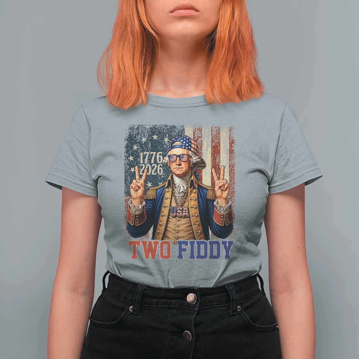 Two Fiddy George Washington Peace Signs T Shirt For Women Funny Semiquincentennial Hip Hop Style President
