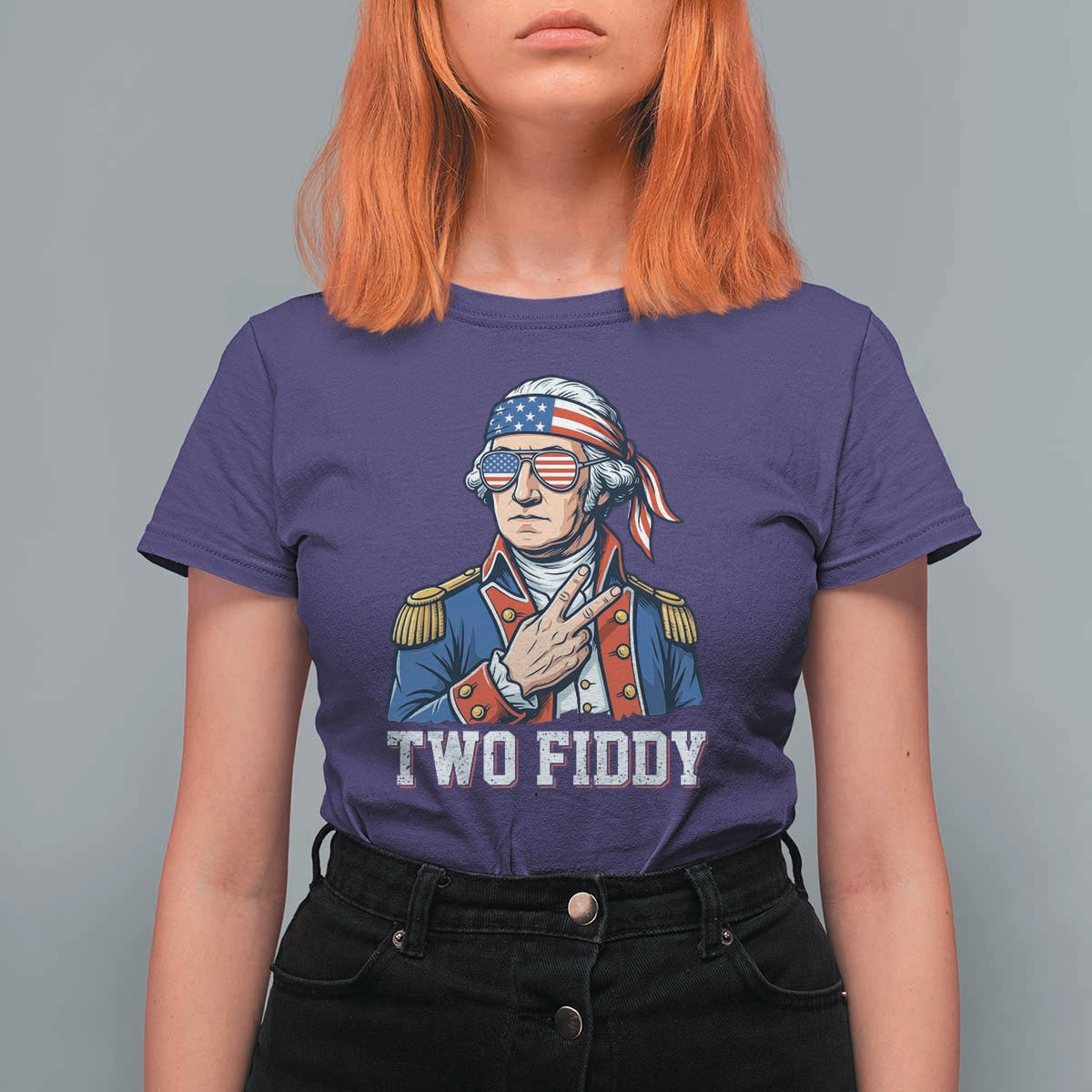 Two Fiddy George Washington Bandana T Shirt For Women Funny Cool Sunglasses American Flag Headband Peace Sign Patriotic