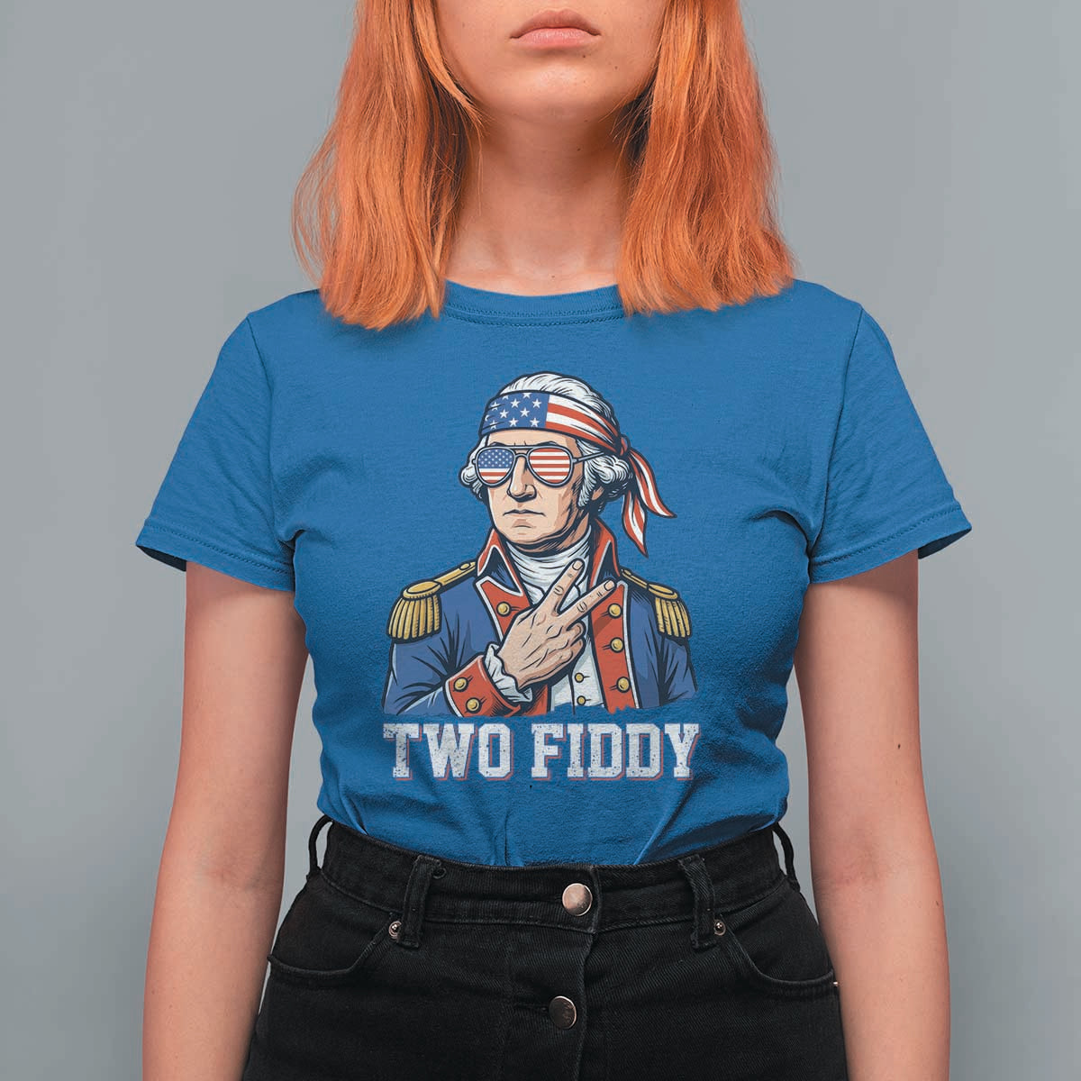 Two Fiddy George Washington Bandana T Shirt For Women Funny Cool Sunglasses American Flag Headband Peace Sign Patriotic
