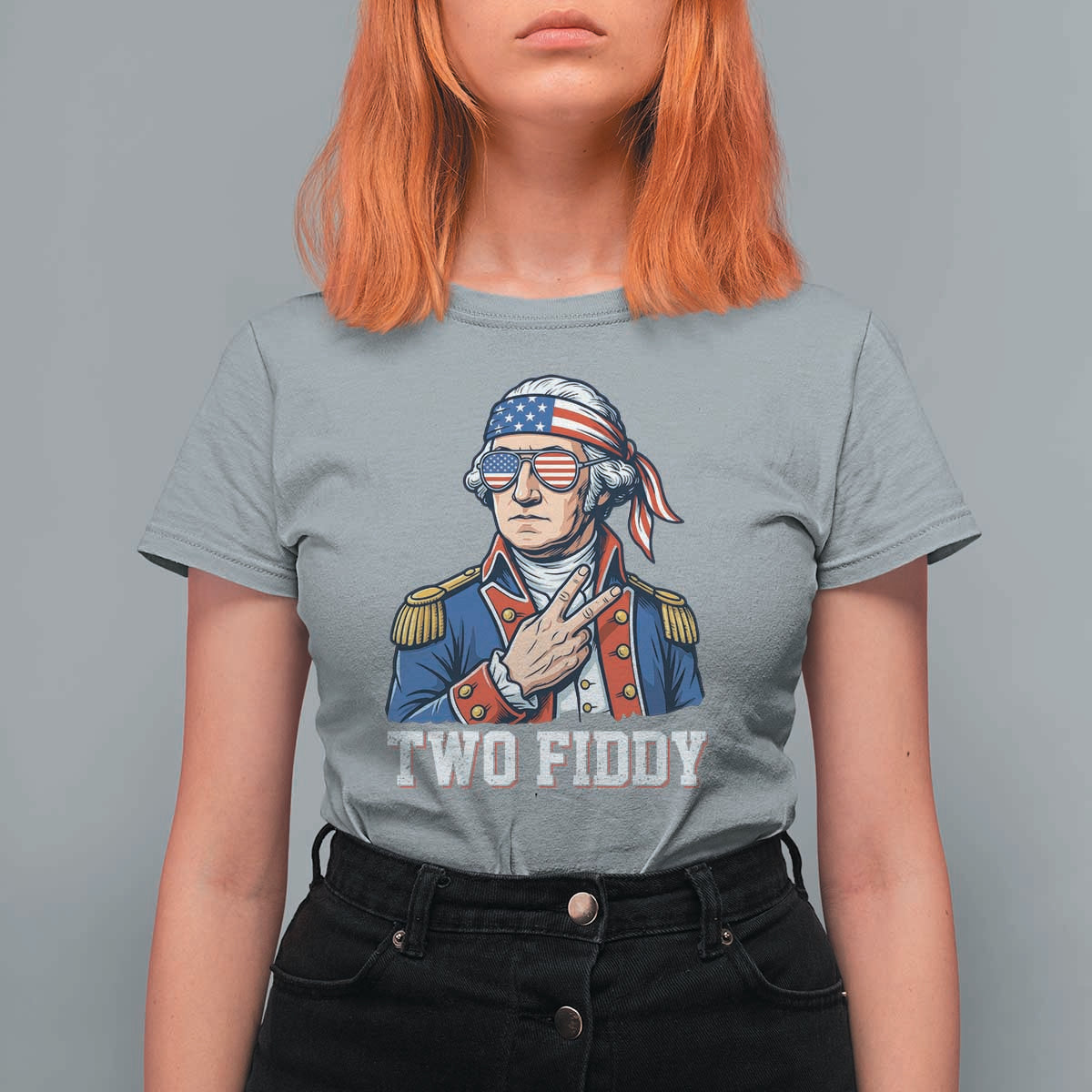 Two Fiddy George Washington Bandana T Shirt For Women Funny Cool Sunglasses American Flag Headband Peace Sign Patriotic