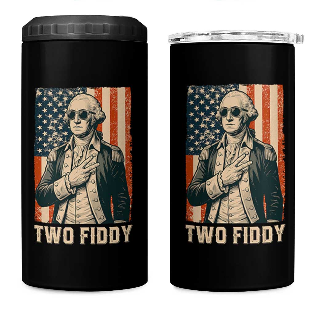 Two Fiddy Vintage George Washington 4 in 1 Can Cooler Tumbler Funny Sunglasses Peace Sign Retro American Flag Semiquincentennial