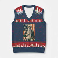 Two Fiddy Vintage George Washington V-Neck Knit Sweater Vest Funny Sunglasses Peace Sign Retro American Flag Semiquincentennial