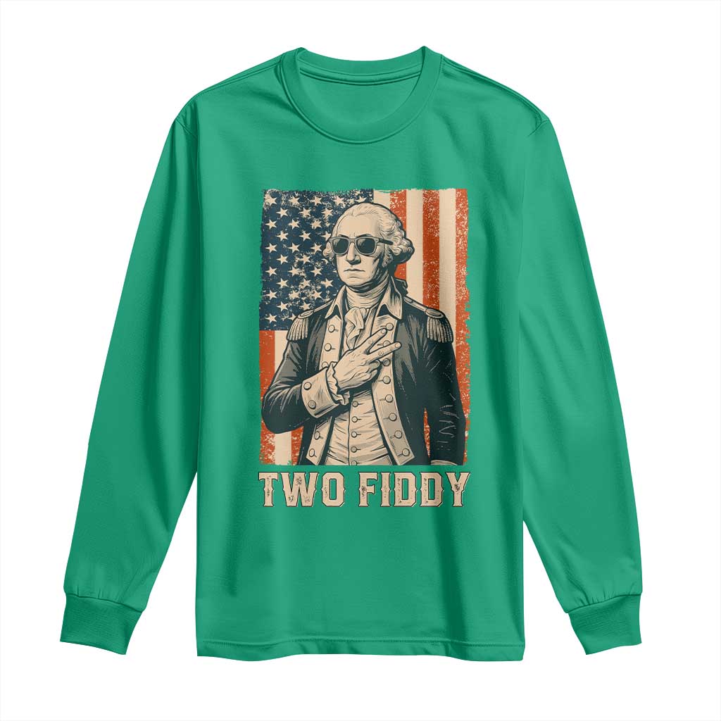 Two Fiddy Vintage George Washington Long Sleeve Shirt Funny Sunglasses Peace Sign Retro American Flag Semiquincentennial