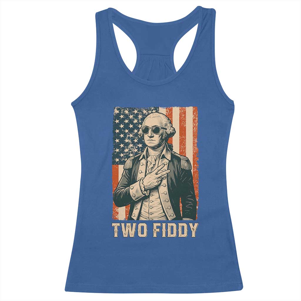 Two Fiddy Vintage George Washington Racerback Tank Top Funny Sunglasses Peace Sign Retro American Flag Semiquincentennial