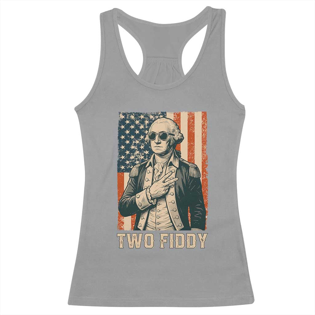 Two Fiddy Vintage George Washington Racerback Tank Top Funny Sunglasses Peace Sign Retro American Flag Semiquincentennial