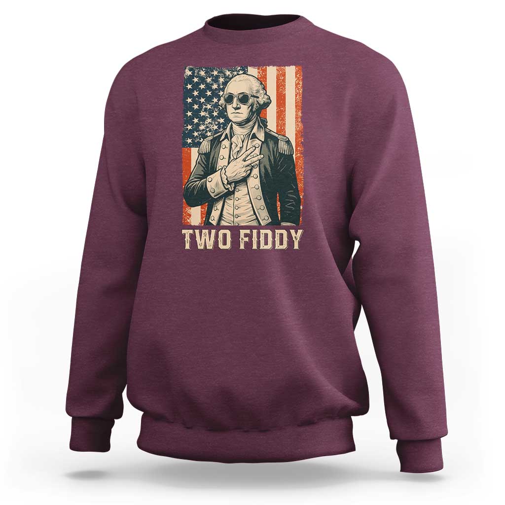Two Fiddy Vintage George Washington Sweatshirt Funny Sunglasses Peace Sign Retro American Flag Semiquincentennial