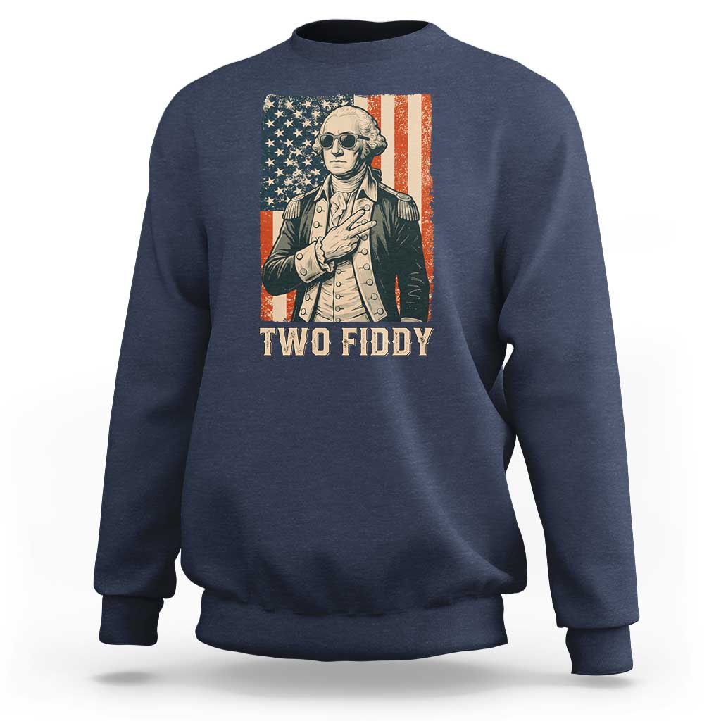Two Fiddy Vintage George Washington Sweatshirt Funny Sunglasses Peace Sign Retro American Flag Semiquincentennial